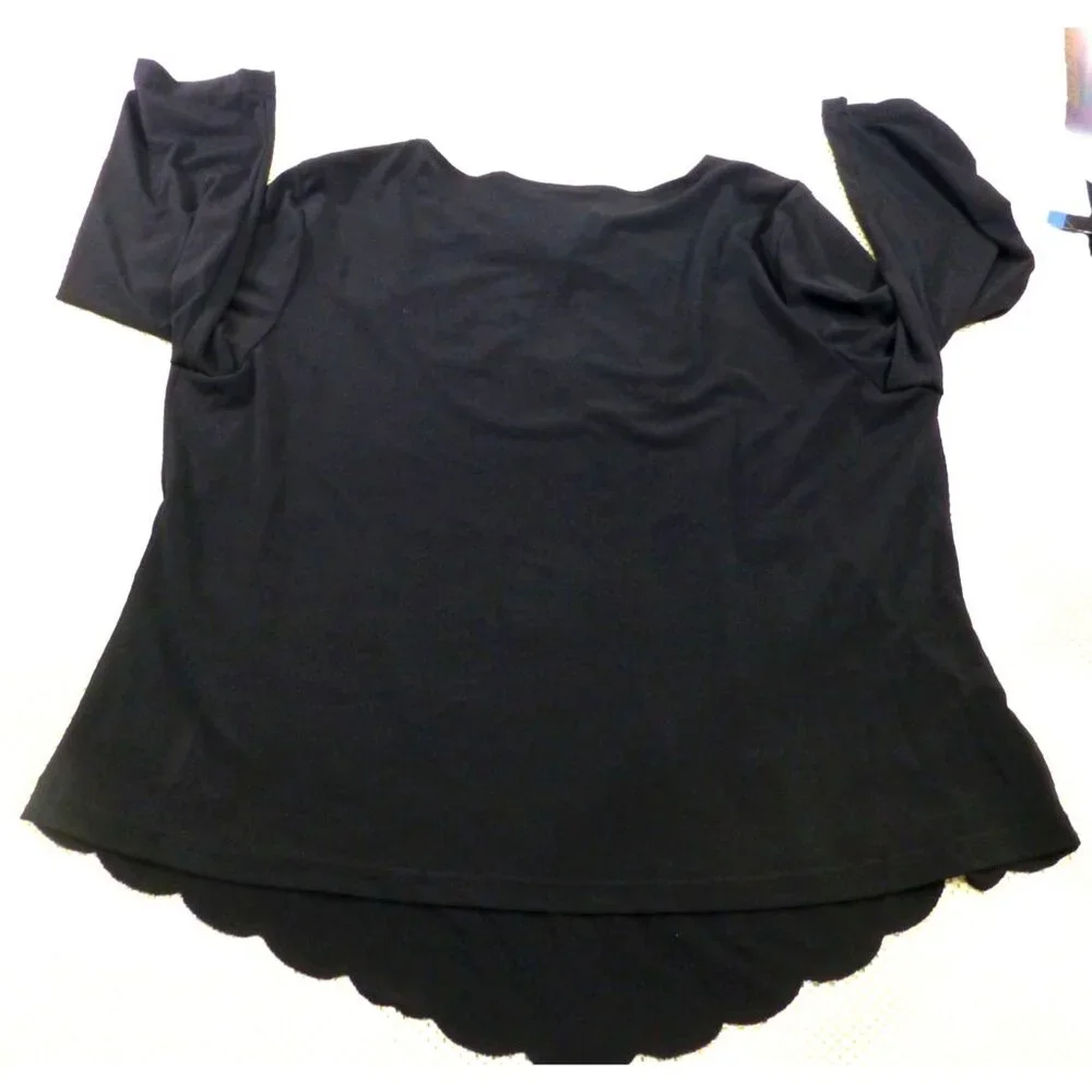 Another Thyme Black & Blue Beaded 3/4 Sleeve Top Scalloped Hem Size 2X USA Made - Picture 2 of 12
